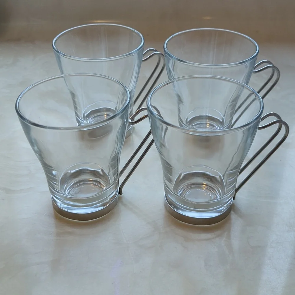 Bormioli Oslo Cappuccino Glass Cups with Silver Handles (4) NIB